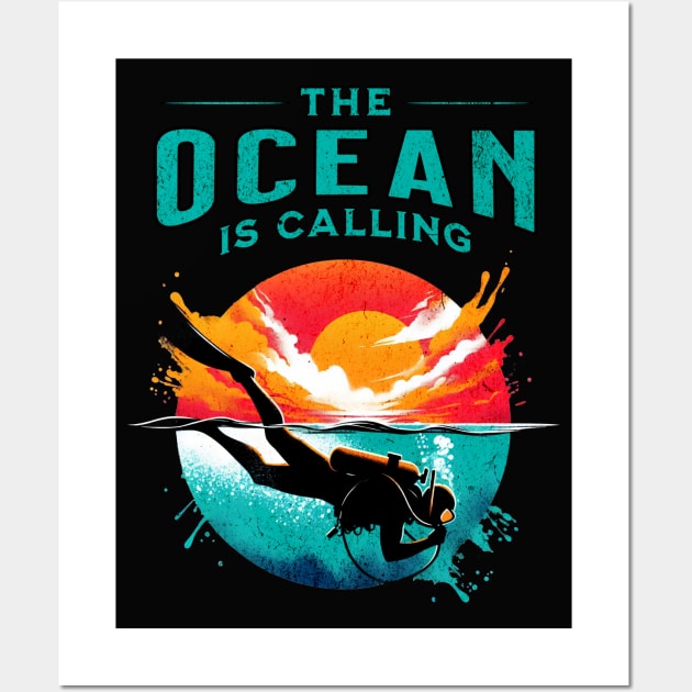 The Ocean is Calling Scuba Diver Design Wall Art by Miami Neon Designs